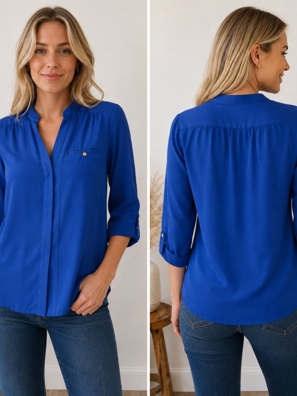 The Limited Women’s XS Royal Blue Blouse 3/4 Sleeve Hidden decoratv Button Shirt